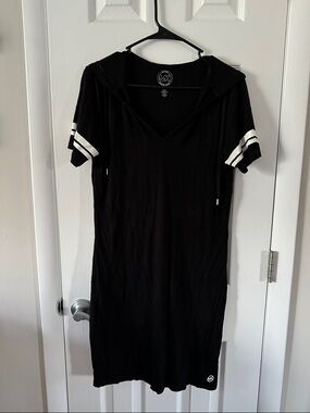 Michael Kors Black Hooded Short Sleeve Dress with White Sleeve Stripes
